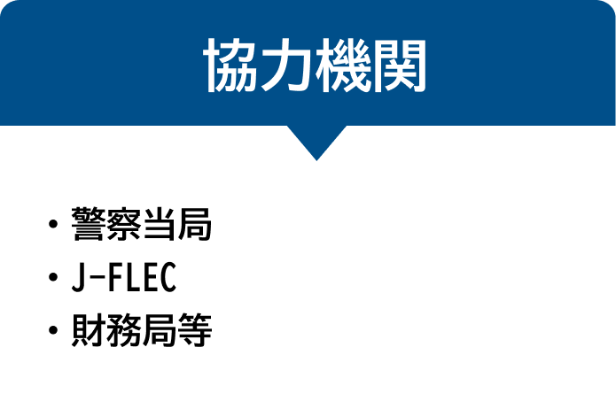 協力機関 ・警察当局 ・J-FLEC ・財務局等